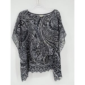 Talbots Sz S/M Sheer Black‎ & White Paisley Poncho Top Kimono Cover Up Blouse